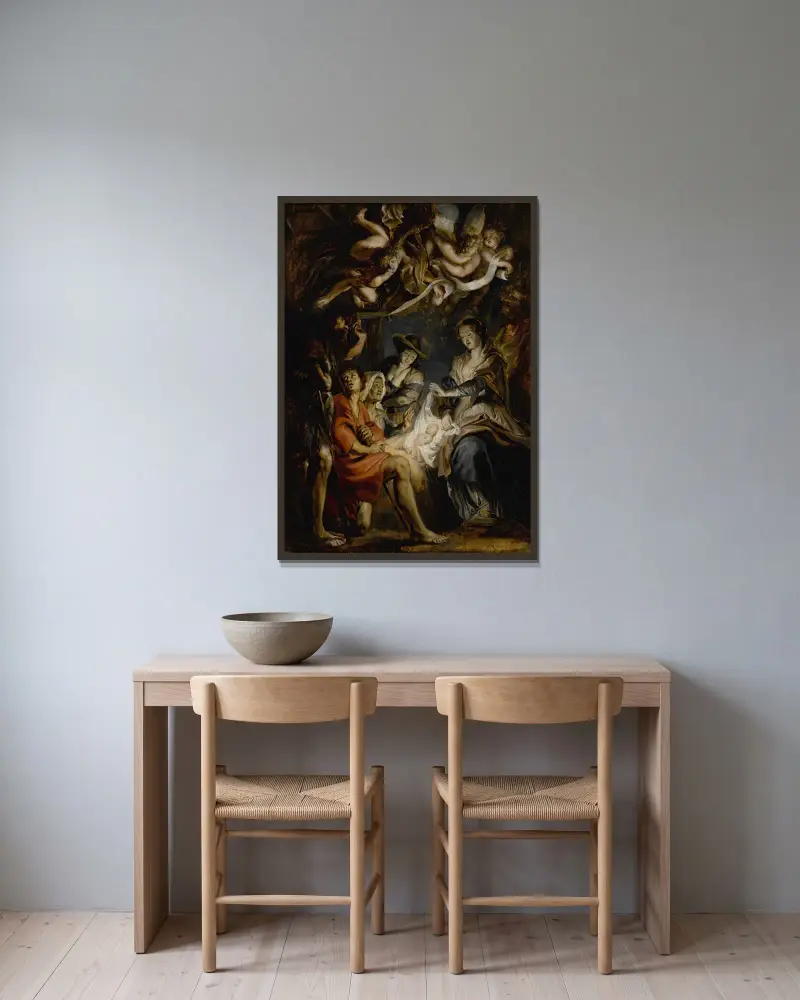 Herdarnas tillbedjan av Follower of Peter Paul Rubens inramad på en vägg