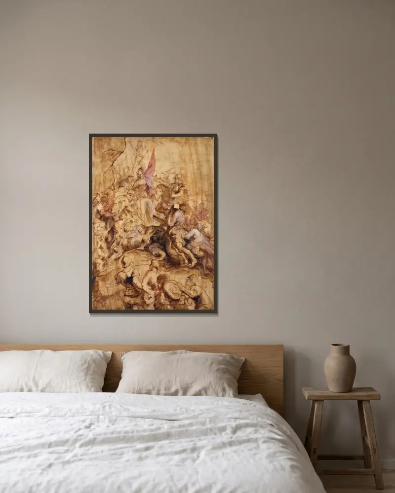 Der Aufstieg nach Golgota. Die Kreuztragung von Peter Paul Rubens gerahmt an einer Wand
