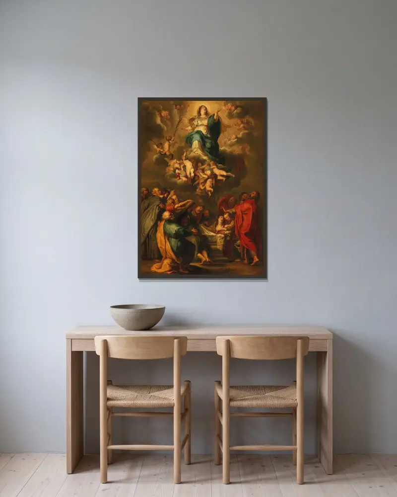The Assumption of the Virgin av Follower of Peter Paul Rubens inramad på en vägg