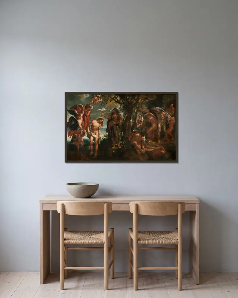 The Baptism of Christ av Peter Paul Rubens inramad på en vägg