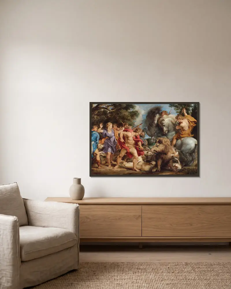 The Calydonian Boar Hunt av Peter Paul Rubens inramad på en vägg
