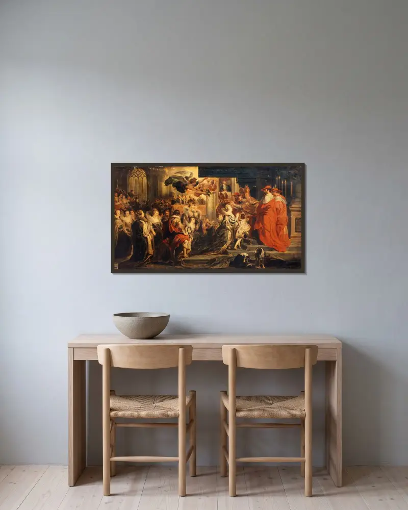Marie de Médicis kröning den 13 maj 1610 av Peter Paul Rubens inramad på en vägg