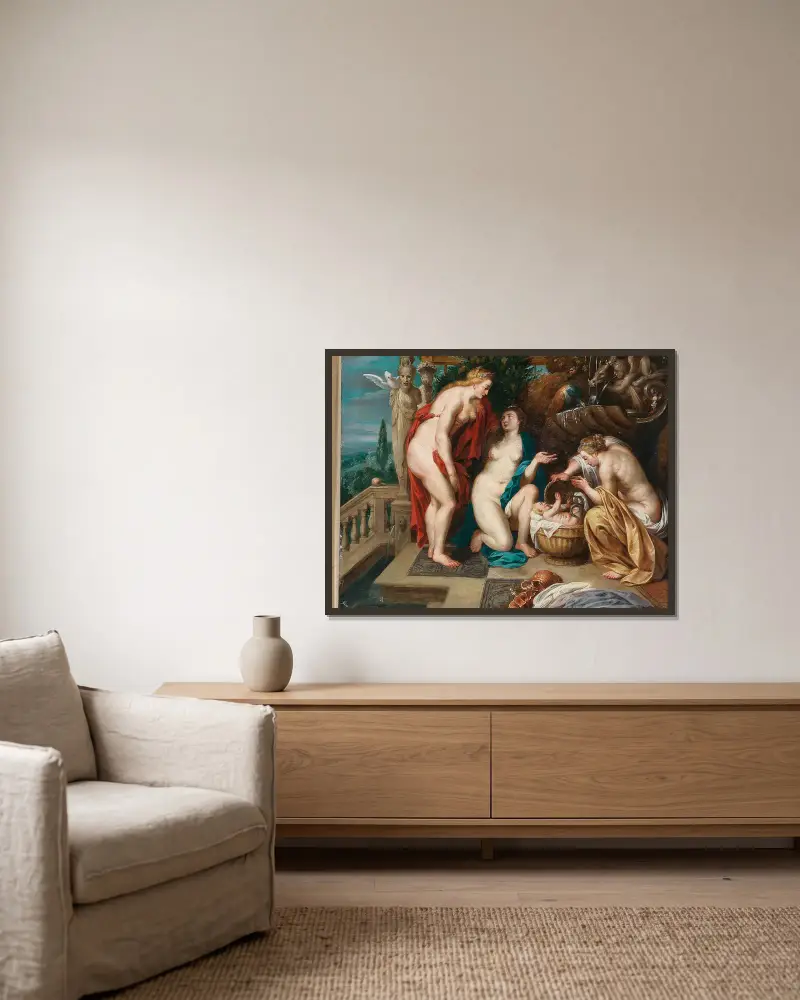 The Daughters Of Cecrops Finding The Child Erichthonius av Follower of Peter Paul Rubens inramad på en vägg