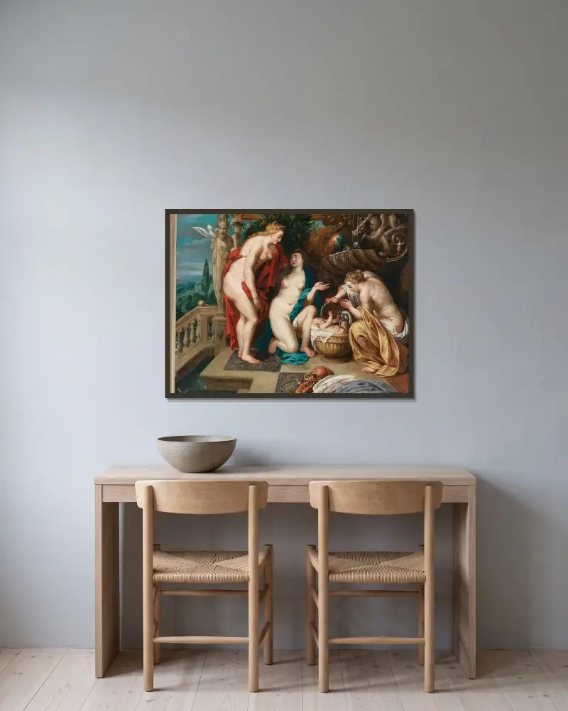 The Daughters Of Cecrops Finding The Child Erichthonius av Follower of Peter Paul Rubens inramad på en vägg