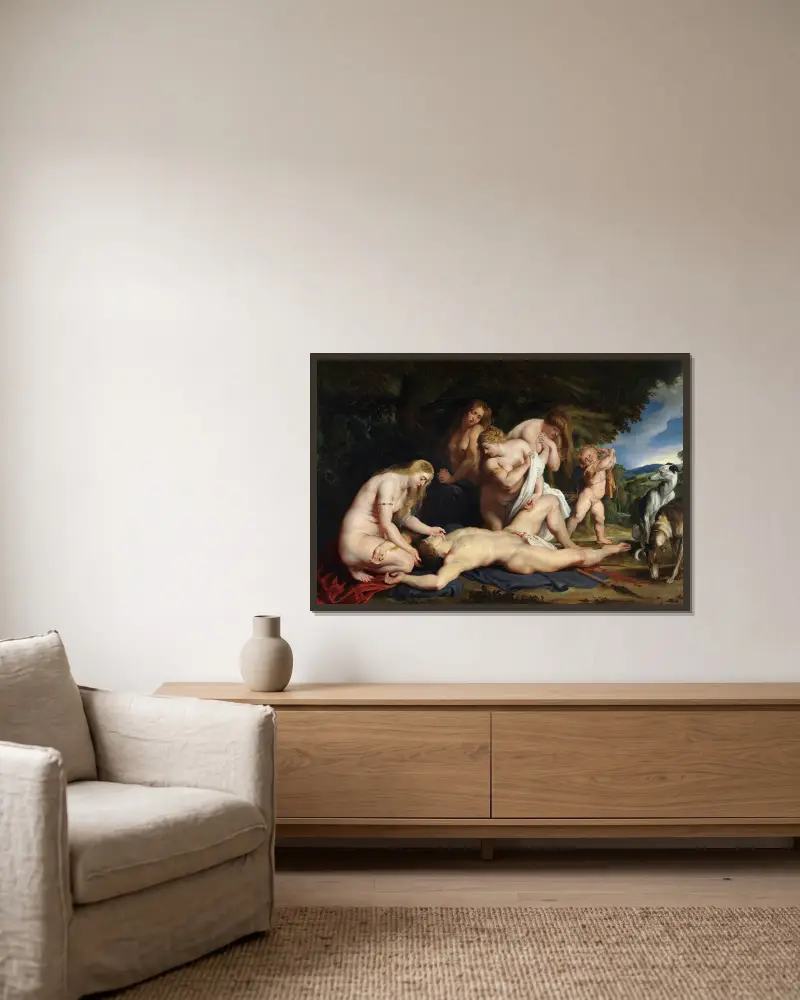 The Death of Adonis (With Venus, Cupid, and The Three Graces) av Peter Paul Rubens inramad på en vägg