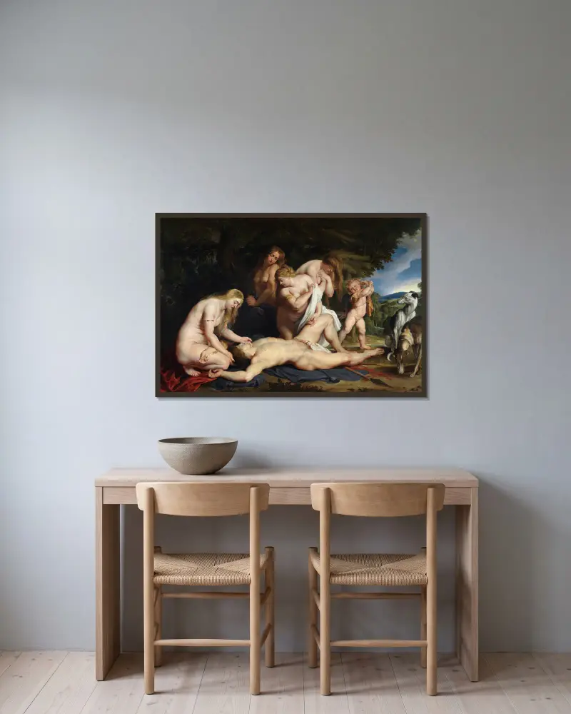 The Death of Adonis (With Venus, Cupid, and The Three Graces) av Peter Paul Rubens inramad på en vägg