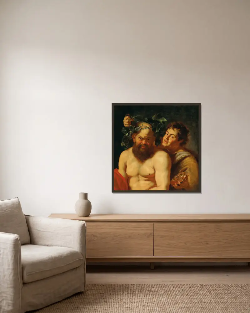 The Drunken Silenus with a Satyr av Follower of Peter Paul Rubens inramad på en vägg