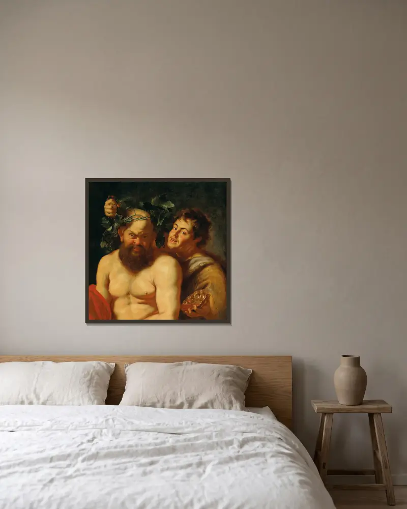 The Drunken Silenus with a Satyr av Follower of Peter Paul Rubens inramad på en vägg