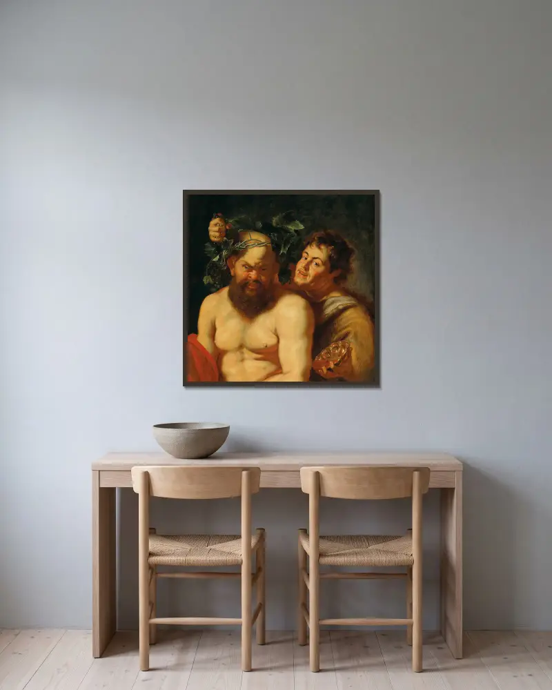 The Drunken Silenus with a Satyr av Follower of Peter Paul Rubens inramad på en vägg