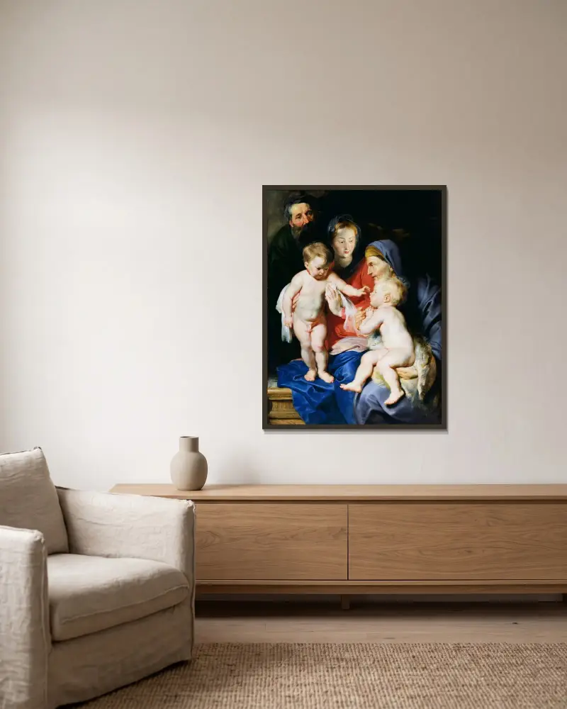 Den heliga familjen med den heliga Elisabet och Johannes Döparen av Peter Paul Rubens inramad på en vägg
