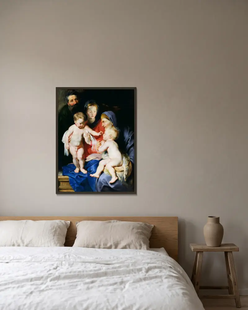 Den heliga familjen med den heliga Elisabet och Johannes Döparen av Peter Paul Rubens inramad på en vägg