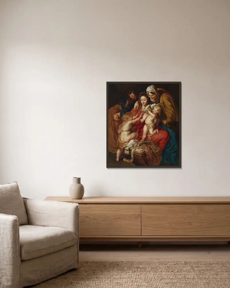 The Holy Family with St. Elizabeth, St. John, and a Dove av Peter Paul Rubens inramad på en vägg