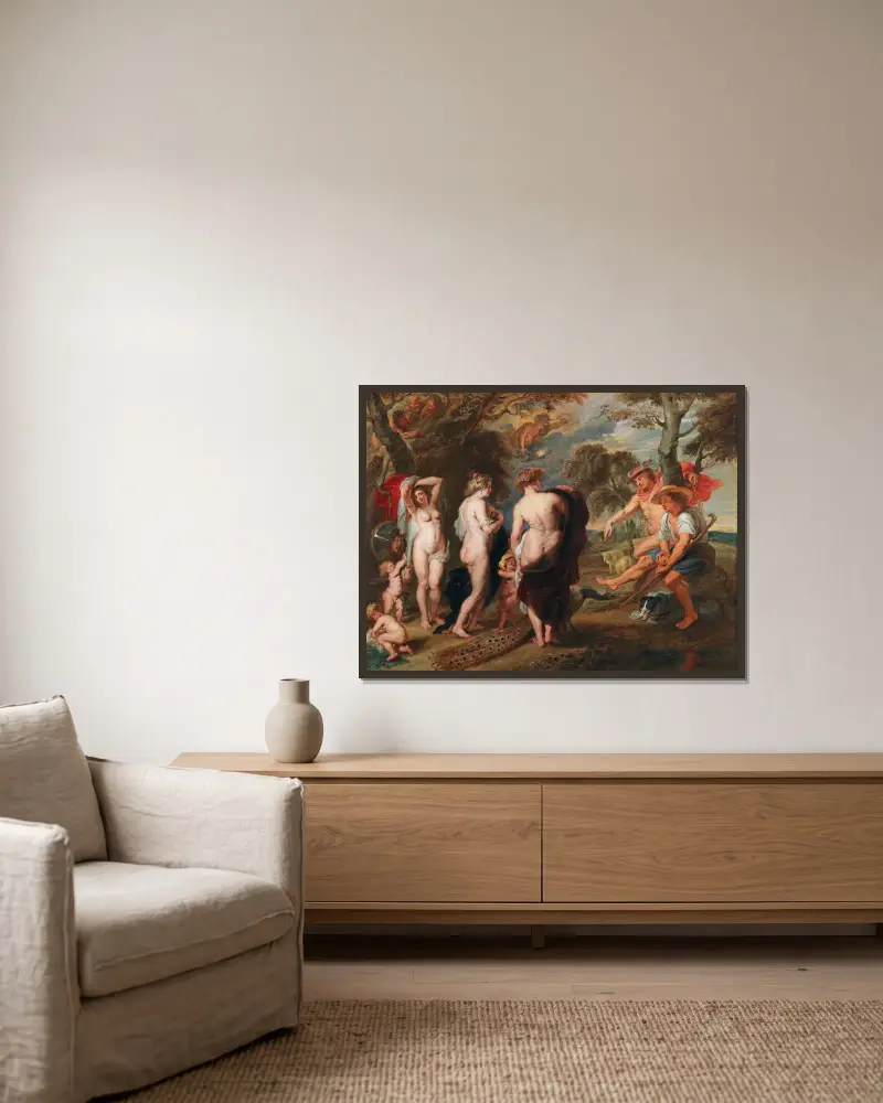 The Judgement Of Paris av Follower of Peter Paul Rubens inramad på en vägg