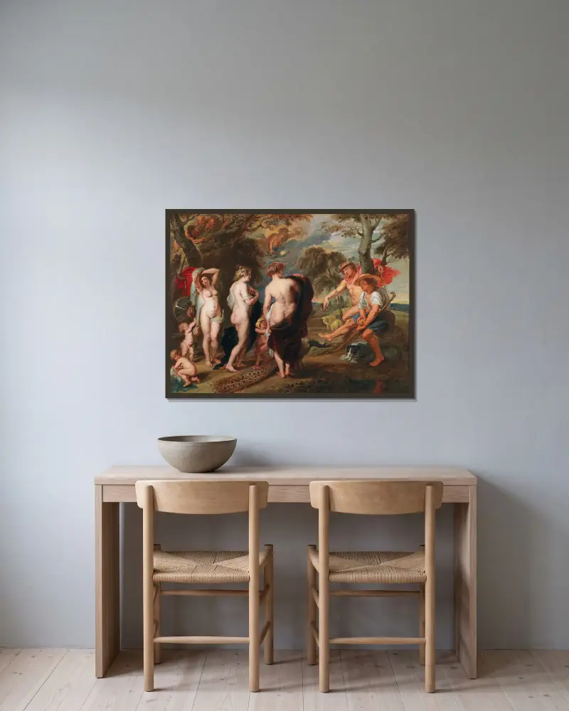The Judgement Of Paris av Follower of Peter Paul Rubens inramad på en vägg