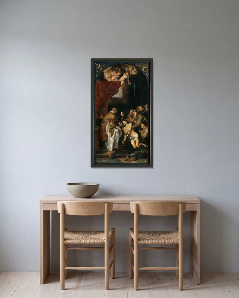 Den helige Franciskus av Assisis sista kommunion av Peter Paul Rubens inramad på en vägg