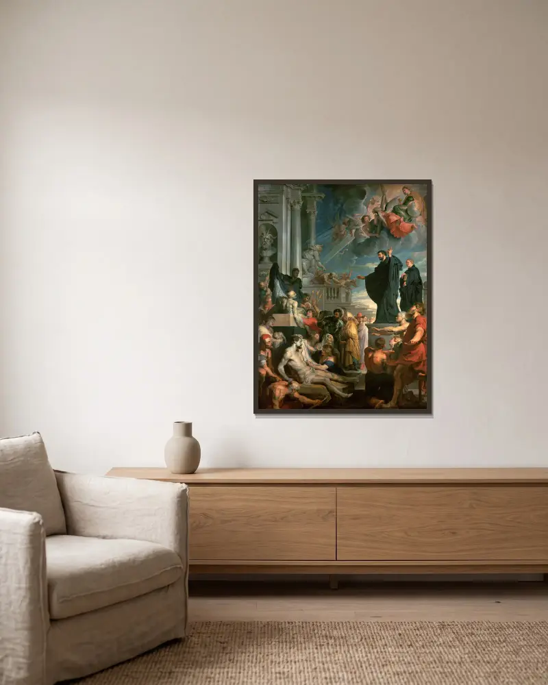 The miracles of St. Francis Xavier av Peter Paul Rubens inramad på en vägg