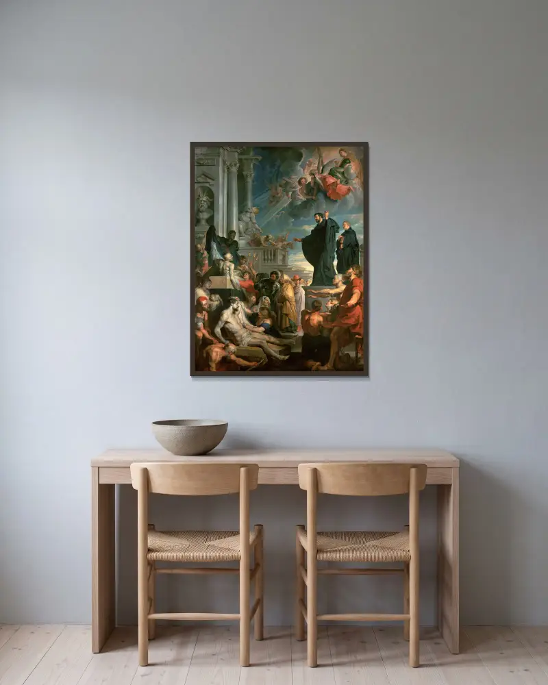 The miracles of St. Francis Xavier av Peter Paul Rubens inramad på en vägg