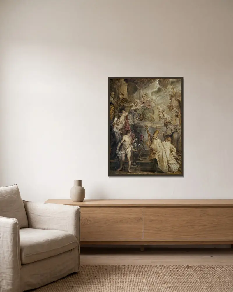 Die mystische Vermählung der heiligen Katharina (Farbskizze für den Altar der Kirche der Augustiner in Antwerpen) von Peter Paul Rubens gerahmt an einer Wand