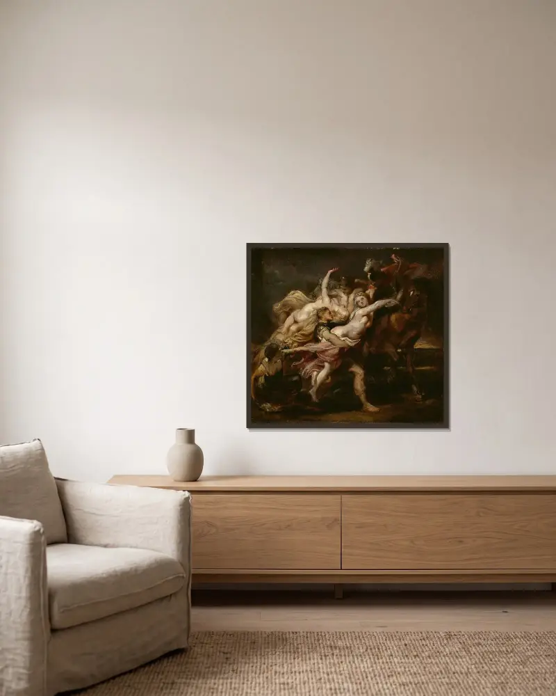 The Rape of the Daughters of Levkippos av Peter Paul Rubens inramad på en vägg