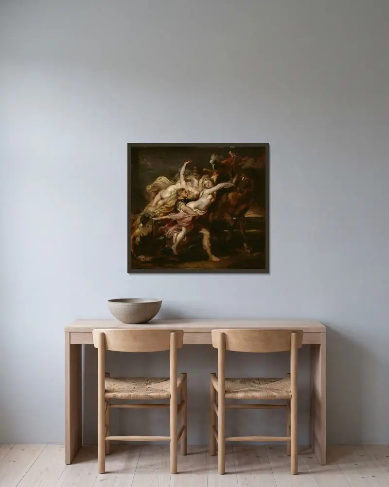 The Rape of the Daughters of Levkippos av Peter Paul Rubens inramad på en vägg