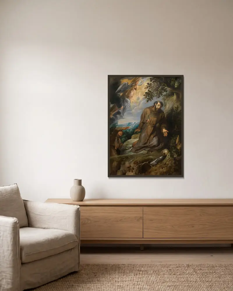 Stigmatiseringen av den helige Franciskus av Assisi av Peter Paul Rubens inramad på en vägg