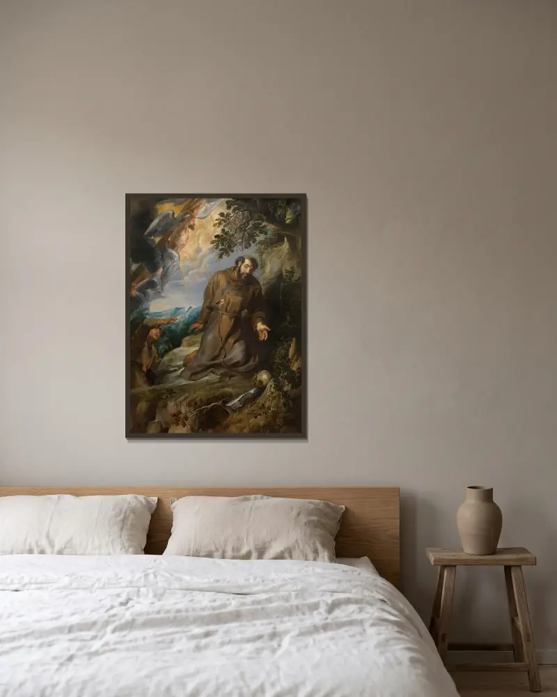 Stigmatiseringen av den helige Franciskus av Assisi av Peter Paul Rubens inramad på en vägg