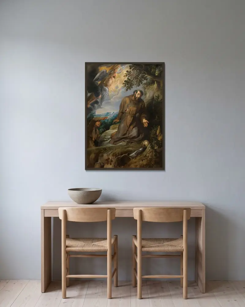 Stigmatiseringen av den helige Franciskus av Assisi av Peter Paul Rubens inramad på en vägg