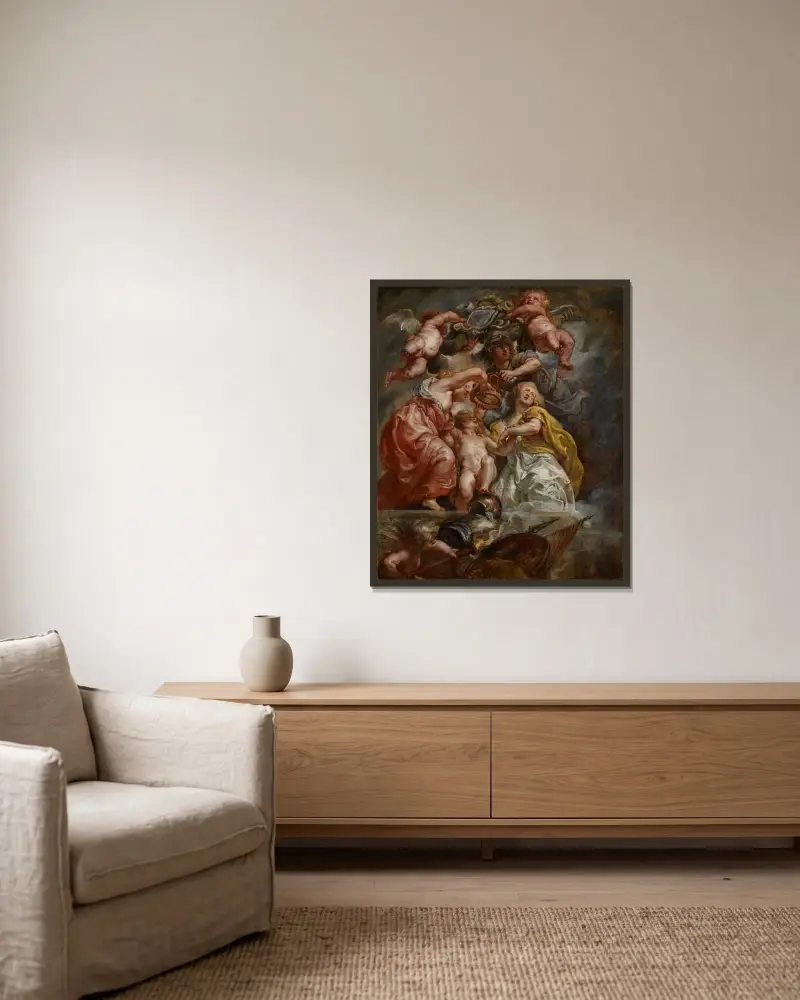 The Union of England and Scotland (Charles I as the Prince of Wales) av Peter Paul Rubens inramad på en vägg