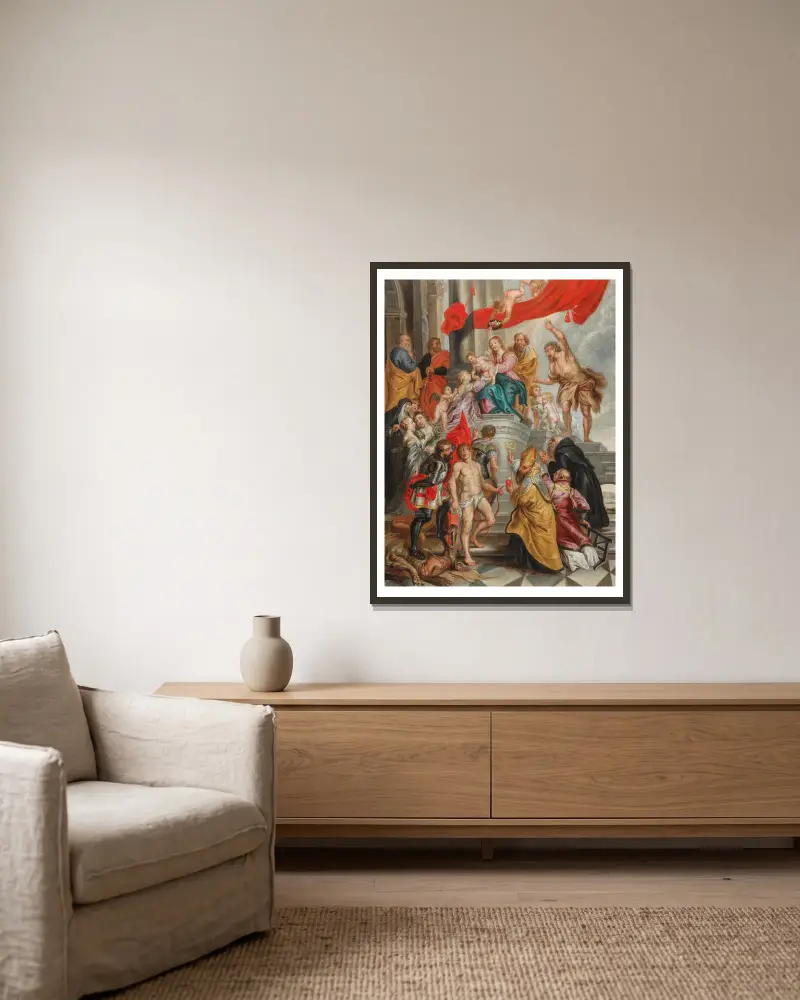 The Virgin and Child adored by Saints av Follower of Peter Paul Rubens inramad på en vägg