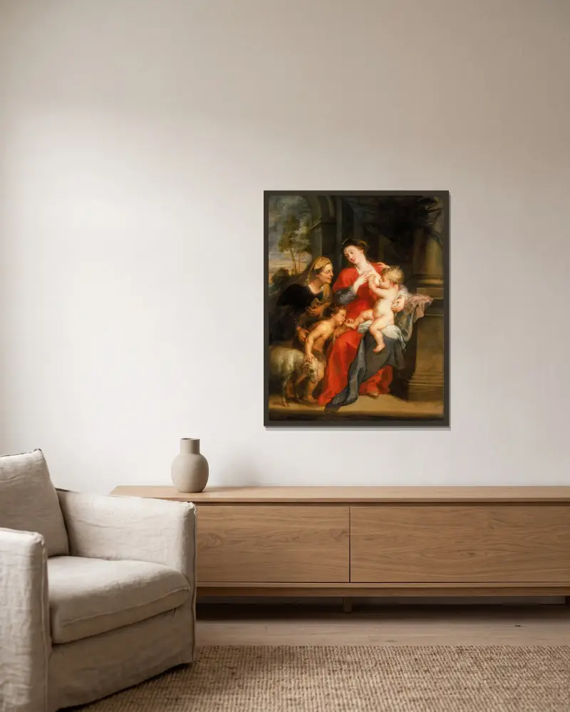 The Virgin and Child with Sts. Elizabeth and John the Baptist av Peter Paul Rubens inramad på en vägg
