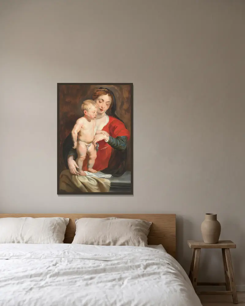 Jungfrun som stöder Kristusbarnet på en balustrad av Follower of Peter Paul Rubens inramad på en vägg
