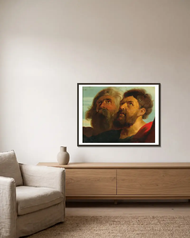 Two Male Heads av Follower of Peter Paul Rubens inramad på en vägg