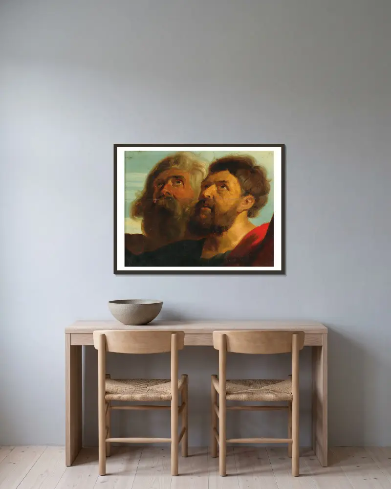 Two Male Heads av Follower of Peter Paul Rubens inramad på en vägg