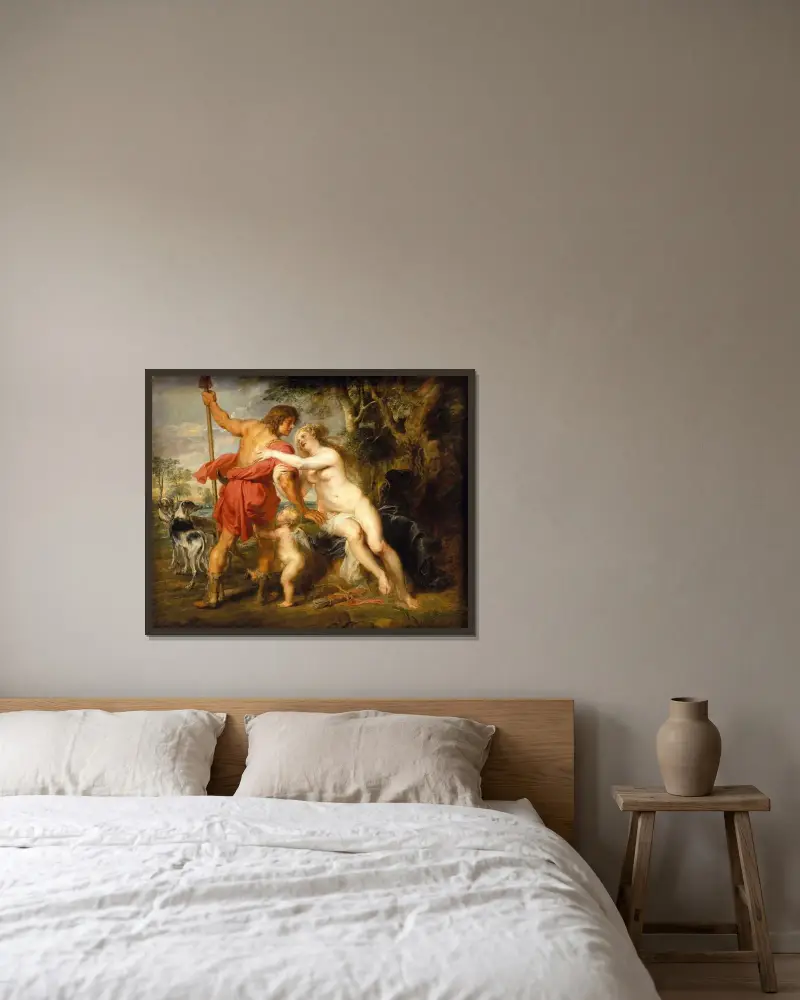 Venus und Adonis, Nr. 1 von Peter Paul Rubens gerahmt an einer Wand