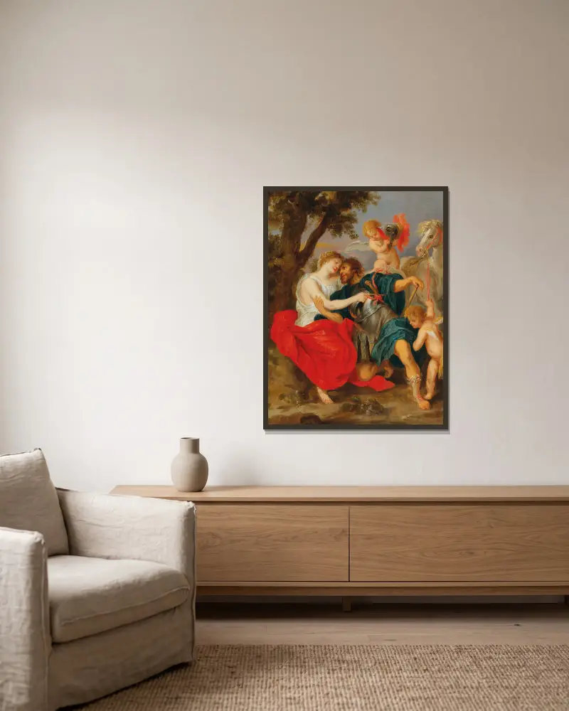 Venus entwaffnet Mars von Follower of Peter Paul Rubens gerahmt an einer Wand