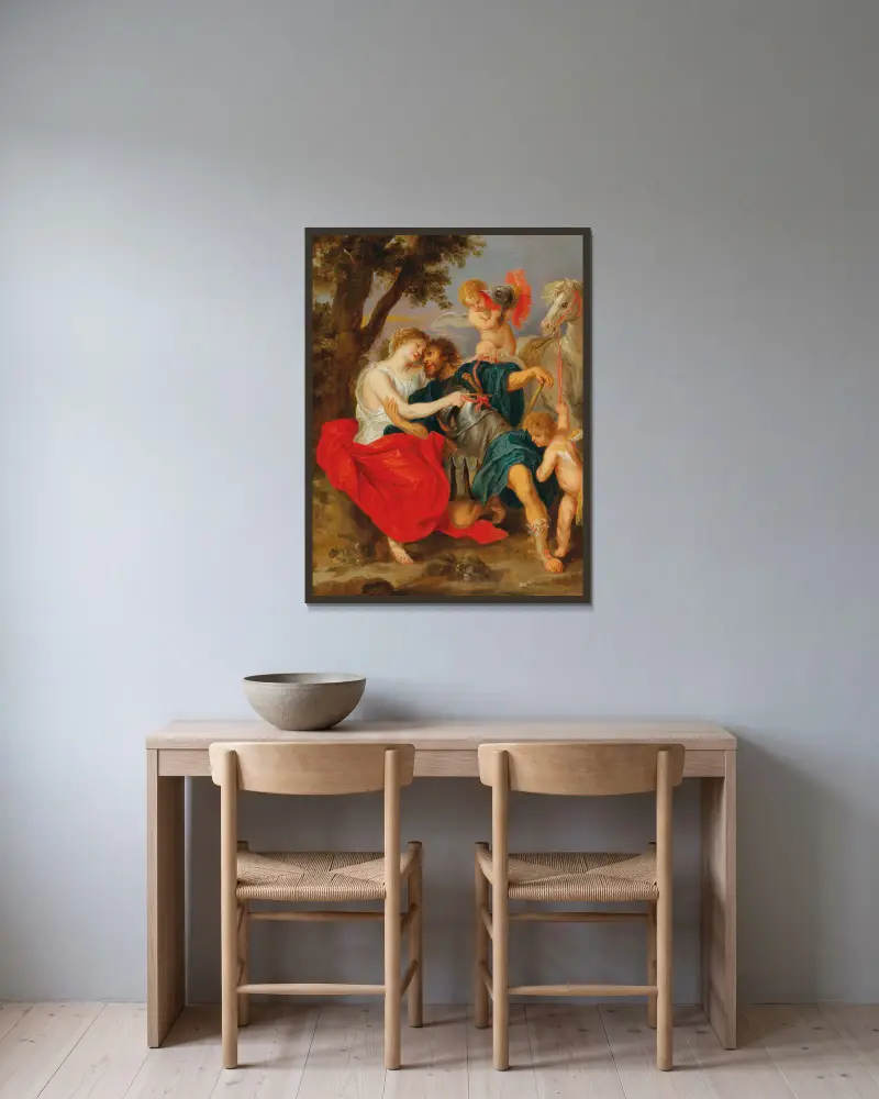 Venus entwaffnet Mars von Follower of Peter Paul Rubens gerahmt an einer Wand