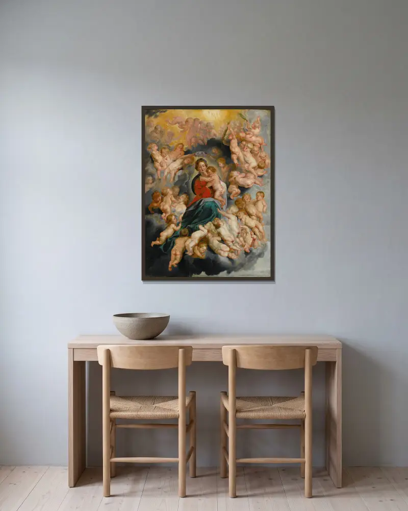 Virgin And Child With Putti av Follower of Peter Paul Rubens inramad på en vägg