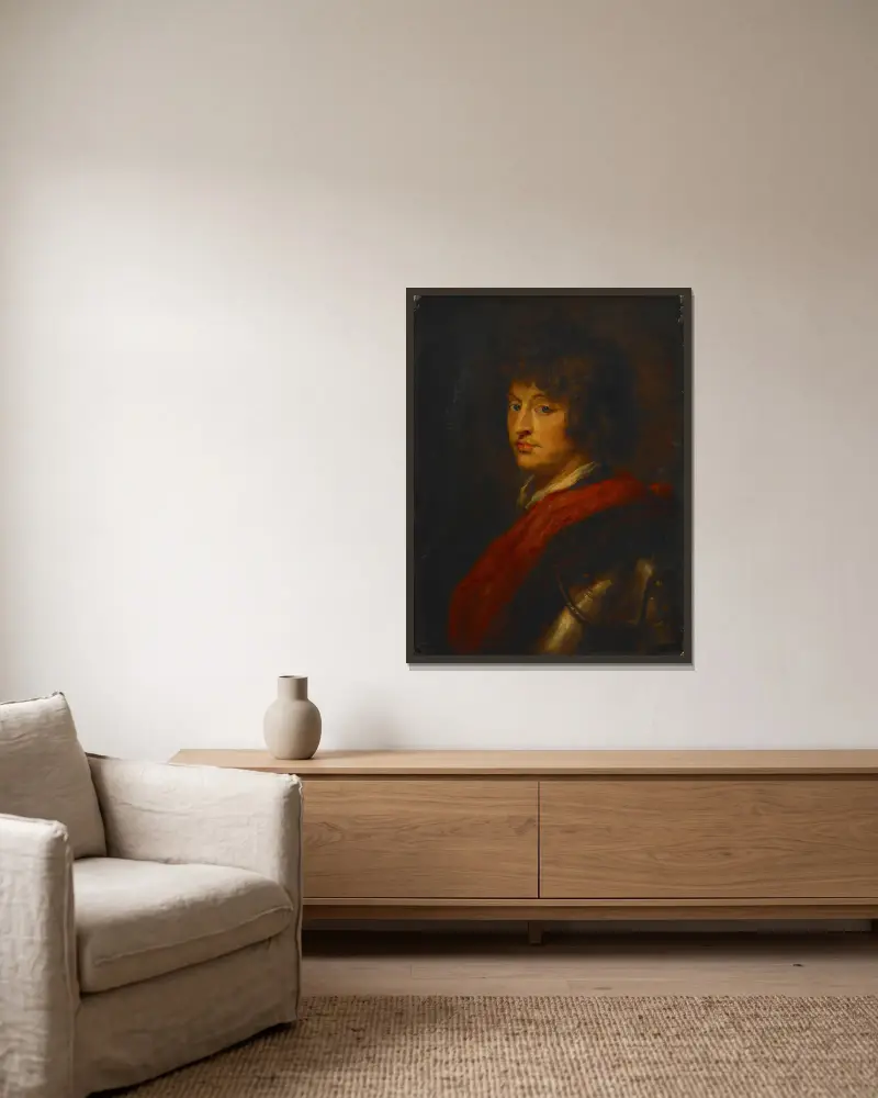 Jüngling in Rüstung von Follower of Peter Paul Rubens gerahmt an einer Wand
