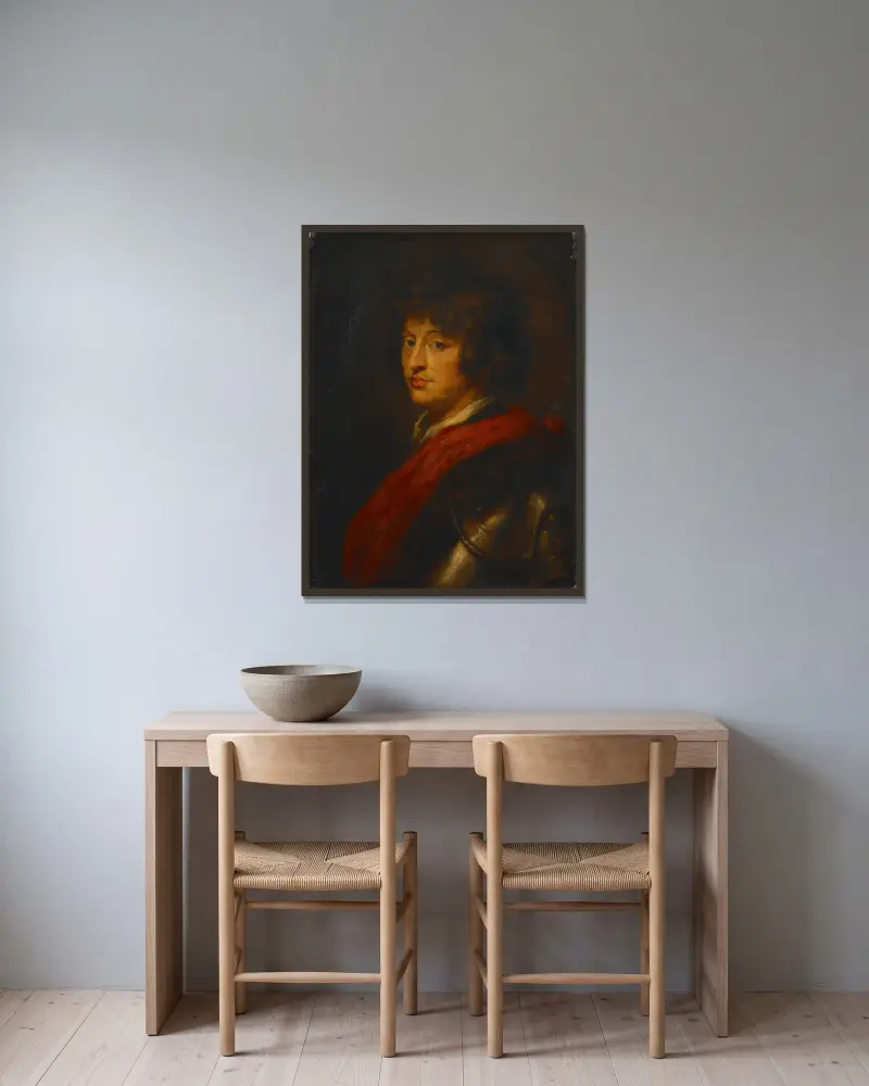 Jüngling in Rüstung von Follower of Peter Paul Rubens gerahmt an einer Wand