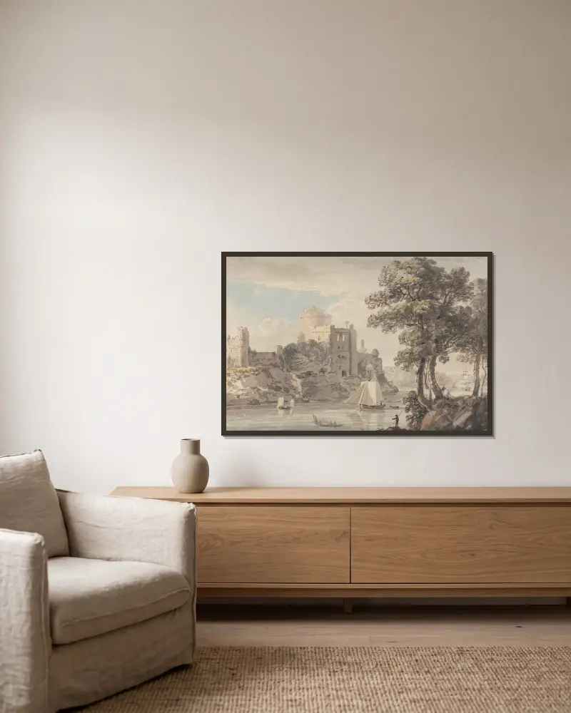 Ein Schloss an einem Fluss von Paul Sandby gerahmt an einer Wand