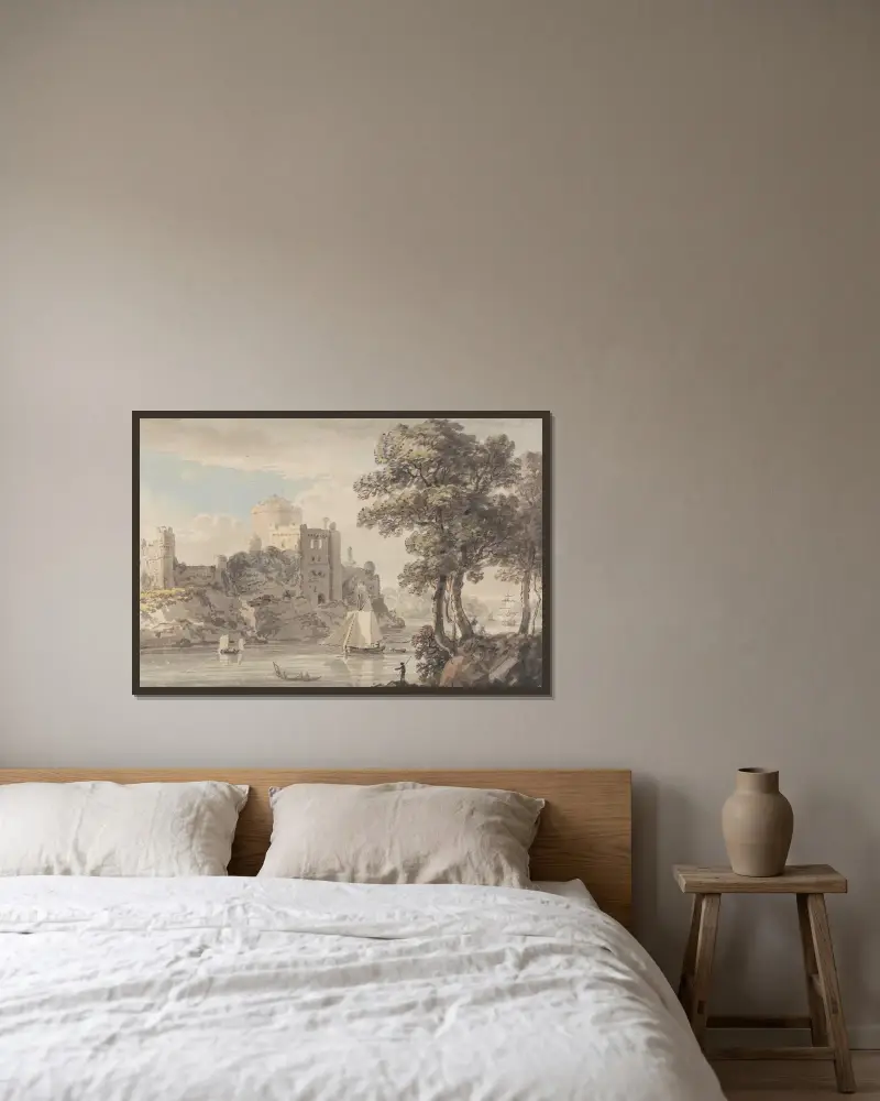 Ein Schloss an einem Fluss von Paul Sandby gerahmt an einer Wand