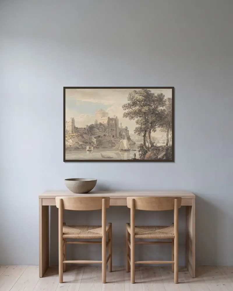 Ein Schloss an einem Fluss von Paul Sandby gerahmt an einer Wand