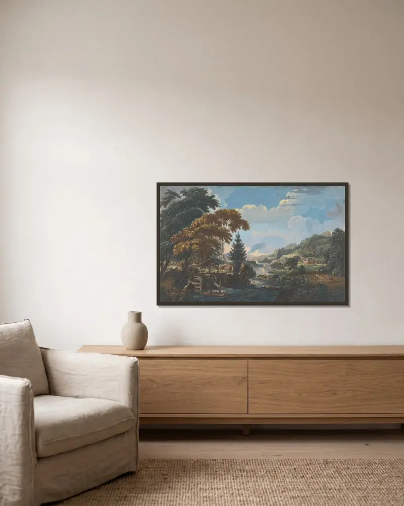 En design som visar början och fullbordandet av en amerikansk bosättning eller gård av Paul Sandby inramad på en vägg