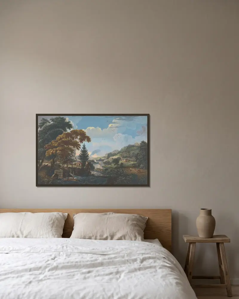 En design som visar början och fullbordandet av en amerikansk bosättning eller gård av Paul Sandby inramad på en vägg