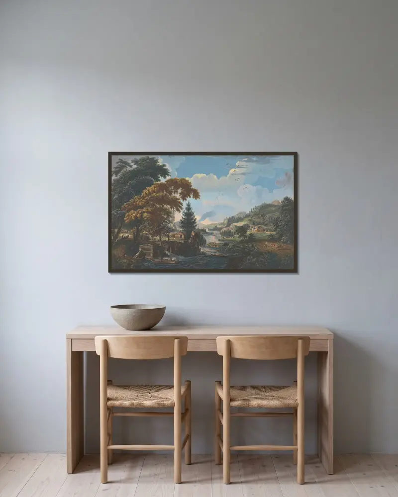En design som visar början och fullbordandet av en amerikansk bosättning eller gård av Paul Sandby inramad på en vägg