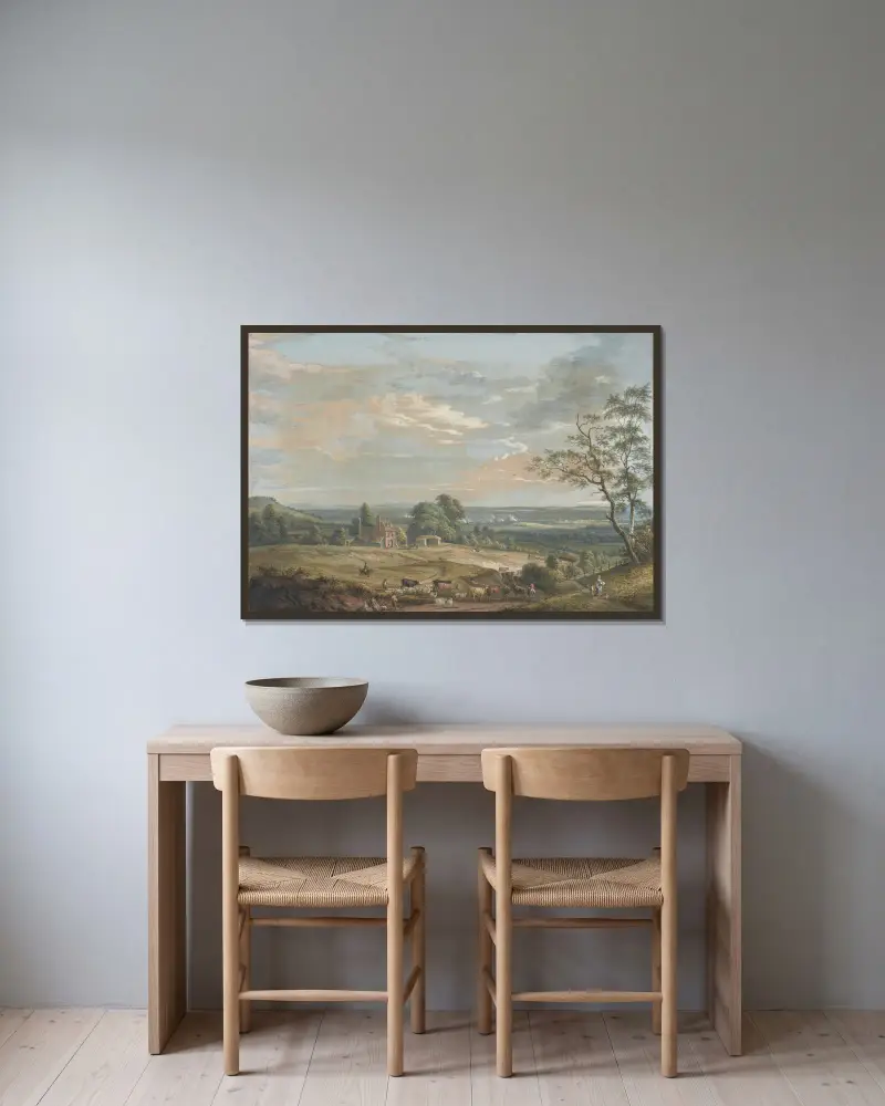 Fernblick auf Maidstone vom Lower Bell Inn, Boxley Hill von Paul Sandby gerahmt an einer Wand