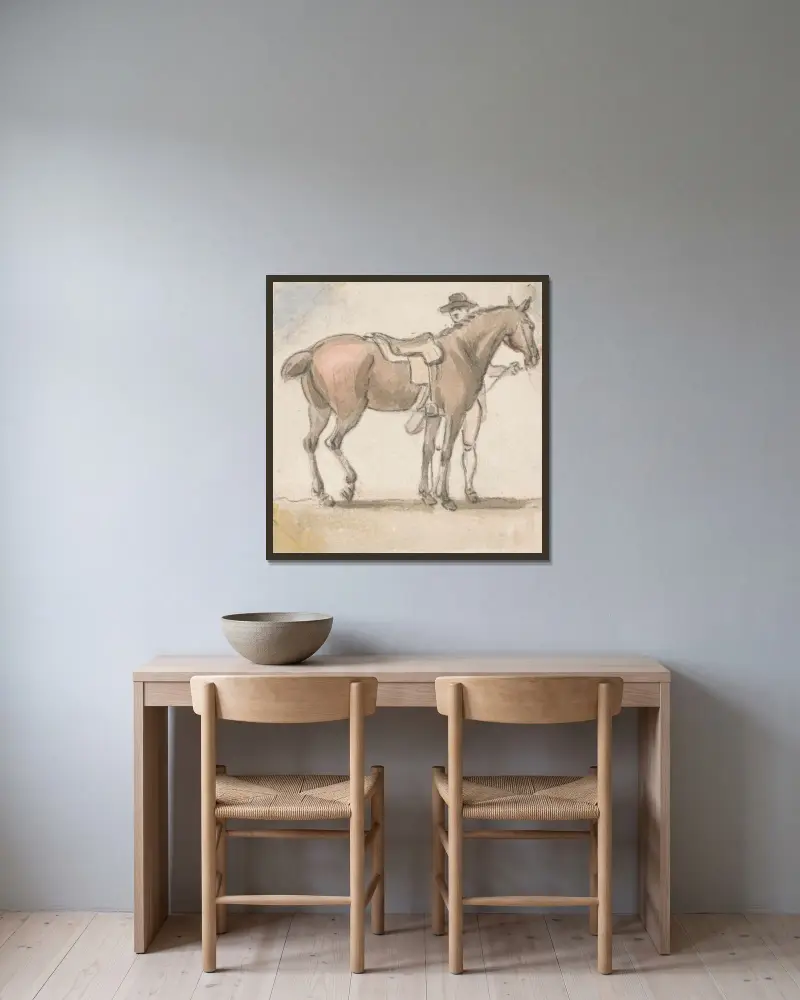 En man och en sadlad häst av Paul Sandby inramad på en vägg