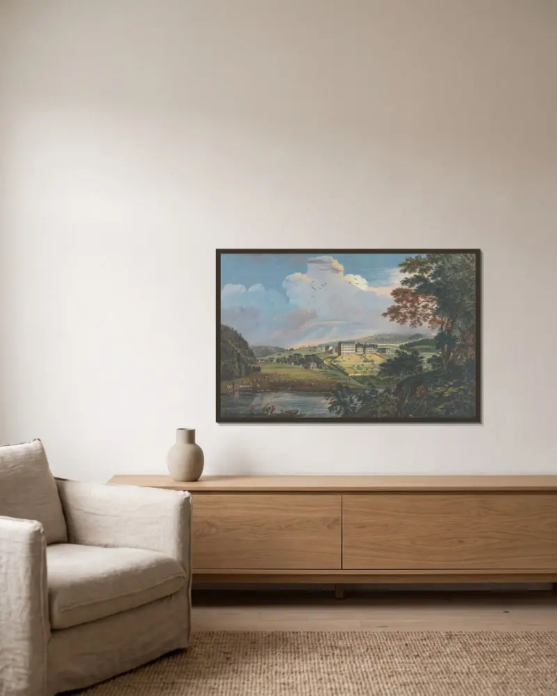 Aussicht auf Bethlem, die große mährische Siedlung in der Provinz Pennsylvania von Paul Sandby gerahmt an einer Wand