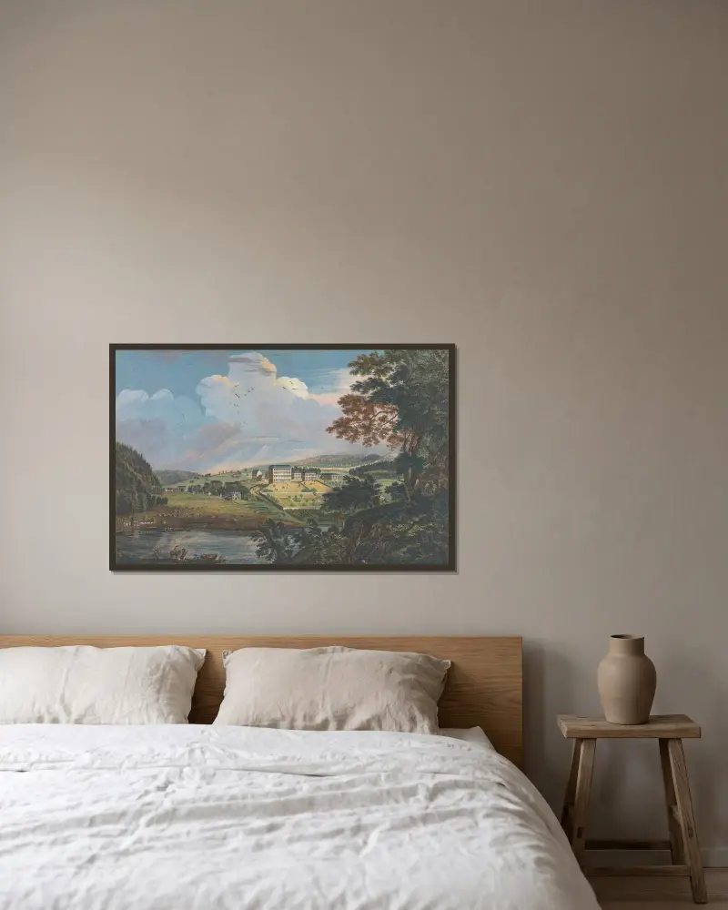 Aussicht auf Bethlem, die große mährische Siedlung in der Provinz Pennsylvania von Paul Sandby gerahmt an einer Wand