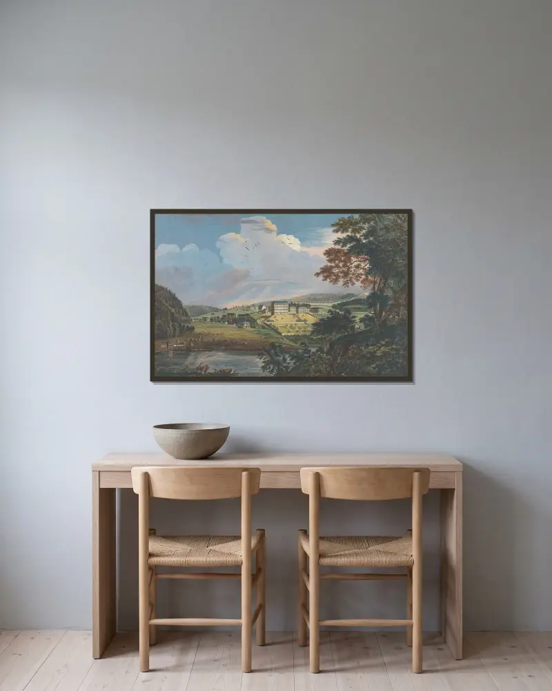 Aussicht auf Bethlem, die große mährische Siedlung in der Provinz Pennsylvania von Paul Sandby gerahmt an einer Wand